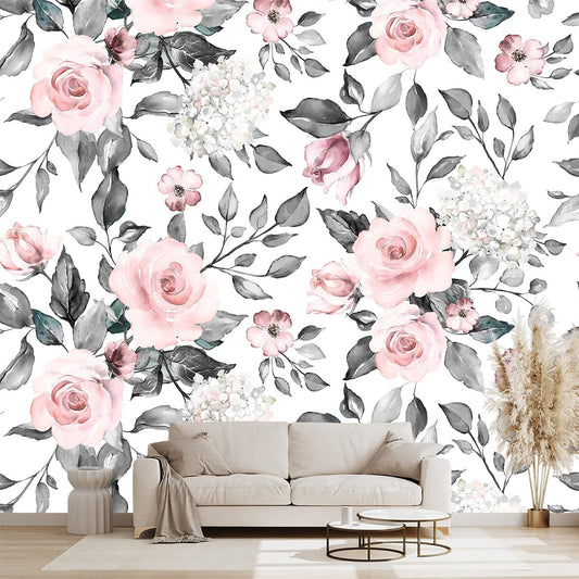 Grey Leaf Pink Flowers Mural Bedroom Floral Wallpaper Room Decor Living Room tv Background Large Wall Mural - 91"x65" (Not Peel and Stick)