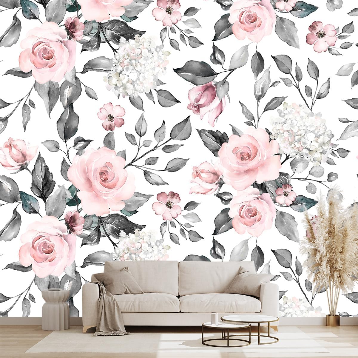 Grey Leaf Pink Flowers Mural Bedroom Floral Wallpaper Room Decor Living Room tv Background Large Wall Mural - 183"x120" (Not Peel and Stick)