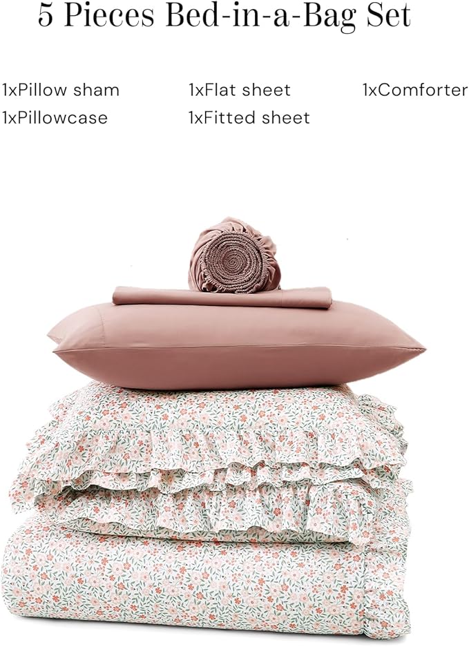 Twin XL Comforter Set - 5 Pieces Ruffle Pink Ditzy Bedding Sets, Shabby Chic Farmhouse Bed in a Bag Twin XL with Floral Comforter, Sheets, Pillowcase & Sham