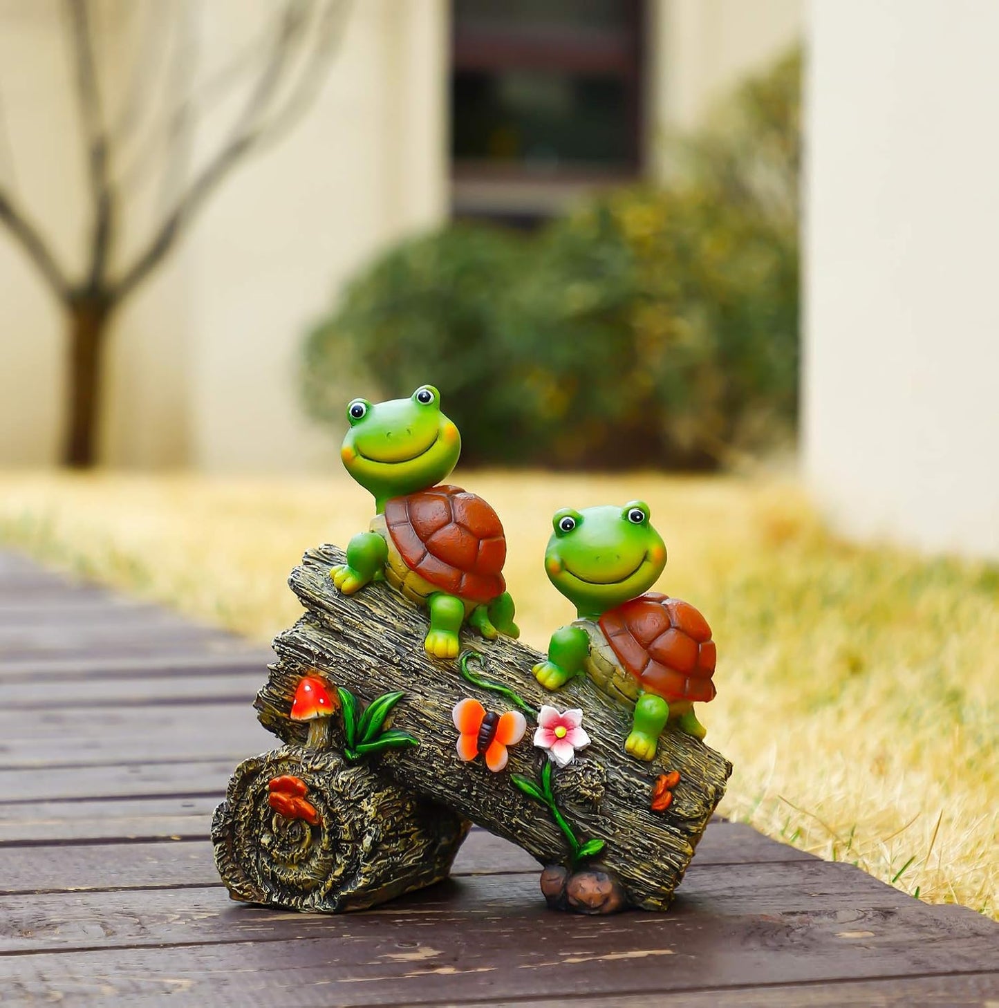 Garden Turtle Figurines Outdoor Decorations, Solar Powered Sweet Frog Face Turtles Resin Statue with 4 LED Lights, Garden Art Spring Fall Winter Christmas Decor for Patio Lawn Yard