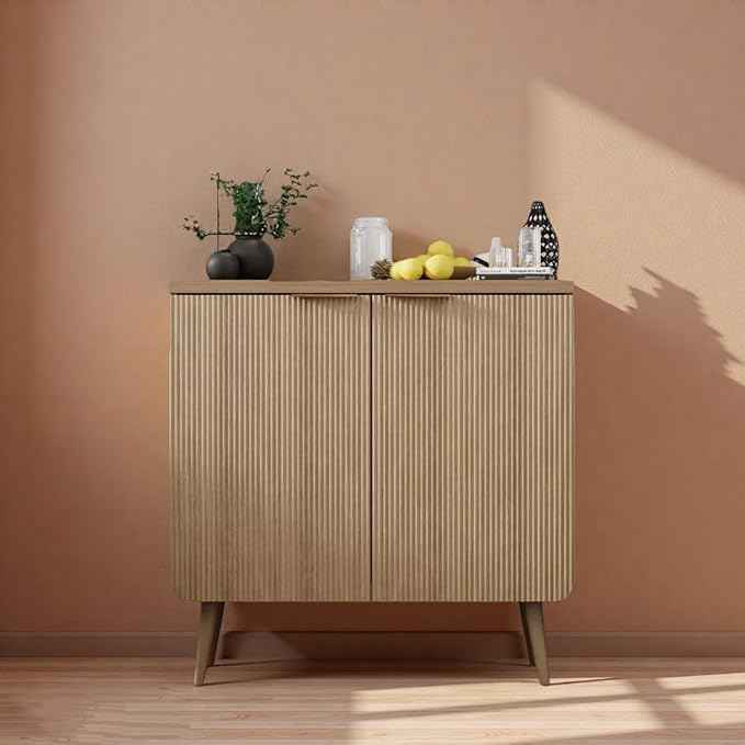 29.5" Modern Fluted Sideboard Cabinet with 2 Doors, Wood Storage Credenza with Shelves, Multi-Purpose Buffet Cabinet for Entryway, Dining & Living Room, Natural Wood
