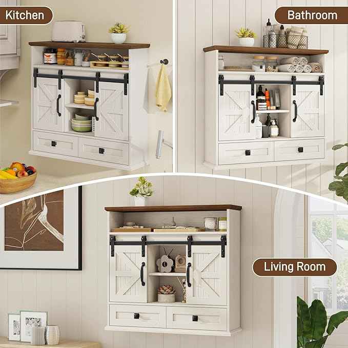 Vabches Bathroom Wall Cabinet, Farmhouse Medicine Cabinet with Double Sliding Barn Door and Storage Drawer, Wooden Vintage Storage Cabinet Wall Mounted for Bathroom, Kitchen, Rustic White and Brown