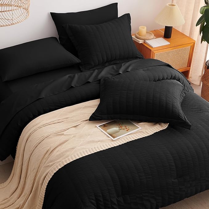 CozyLux Oversized King Comforter Set Black Seersucker 7 Pieces 120x98 Bed in a Bag Comforter Set with Sheets, Luxury Soft Bedding Sets with Down Alternative Comforter, Sheets, Pillowcases & Shams