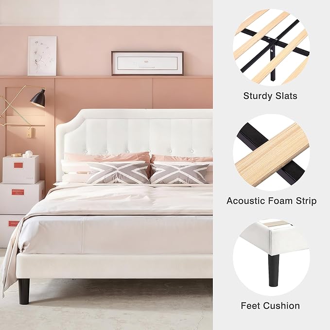 VECELO Queen Size Bed Frame with Velvet Upholstered Headboard, Platform Bedframe Mattress Foundation, Sturdy Wooden Slats Support,No Box Spring Needed Noise Free/Easy Assembly, White