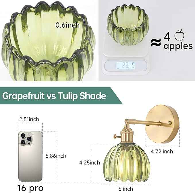 Vintage Wall Sconces Set of 2 with Green Tulip Glass Lampshade 180 Degree Adjustable Brass Sconces Hradwired Modern Wall Lighting Fixture with Switch for Bedside Bedroom Doorway