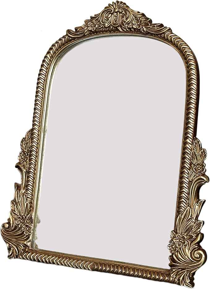 Baroque Champagne Gold Vintage Vanity Mirror 13x10 Inch, Wall-Mounted & Tabletop Dual-Use, Ornate Gold Accent Retro Decorative Mirror for Bedroom Dresser, Bathroom, Living Room and Dorm