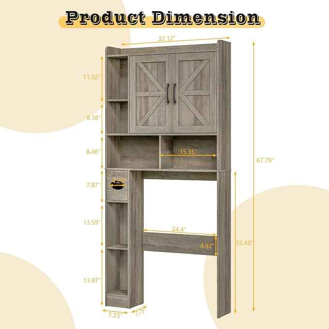 Over The Toilet Storage Cabinet, Farmhouse Storage Cabinet Over Toilet with 2 Barn Door & Toilet Paper Holder Stand, Home Space-Saving Rack, for Bathroom, Restroom (Grey).