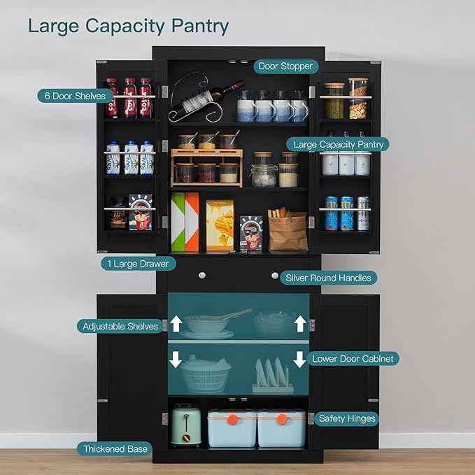 Iwell 72” Kitchen Pantry Cabinet, Tall Storage Cabinet with 6 Hanging Shelves and Adjustable Shelves, Freestanding Cupboard with 4 Doors and 1 Drawer for Kitchen, Dining Room,Living Room, Black
