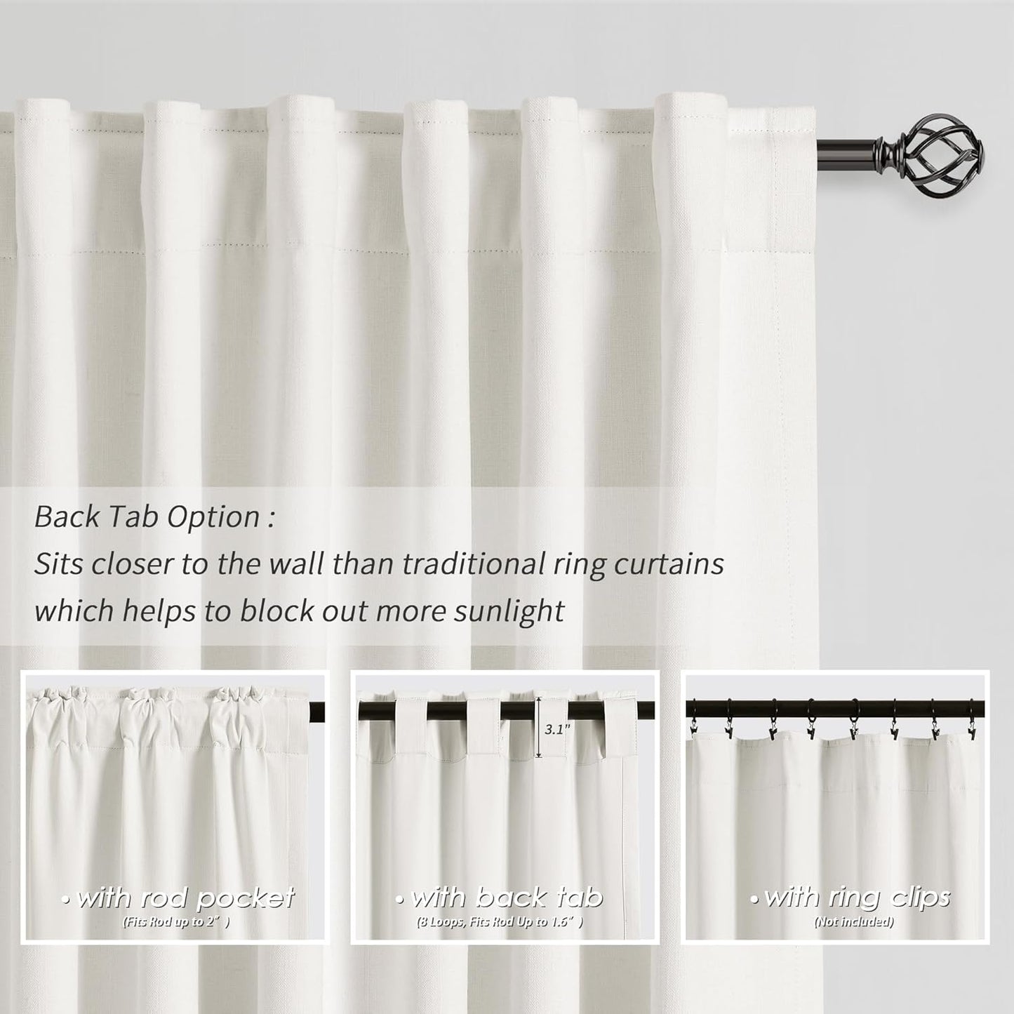 BOODII Ivory White Blackout Curtains 63 Inch Length for Bedroom Window Room Darkening Full Light Blocking Curtains Back Tab Neutral Elegant Black Out Curtain Thermal Insulated Linen Drapes 52x63