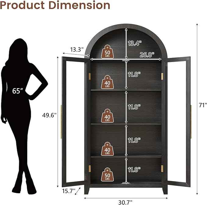 Vlsrka 71" Arched Storage Cabinet with Doors, Display Cabinet with LED Light & Human Sensor, 5-Tier Display Cases for Collectibles, Curio Cabinet with Ajustable Shelf for Living Room, Black