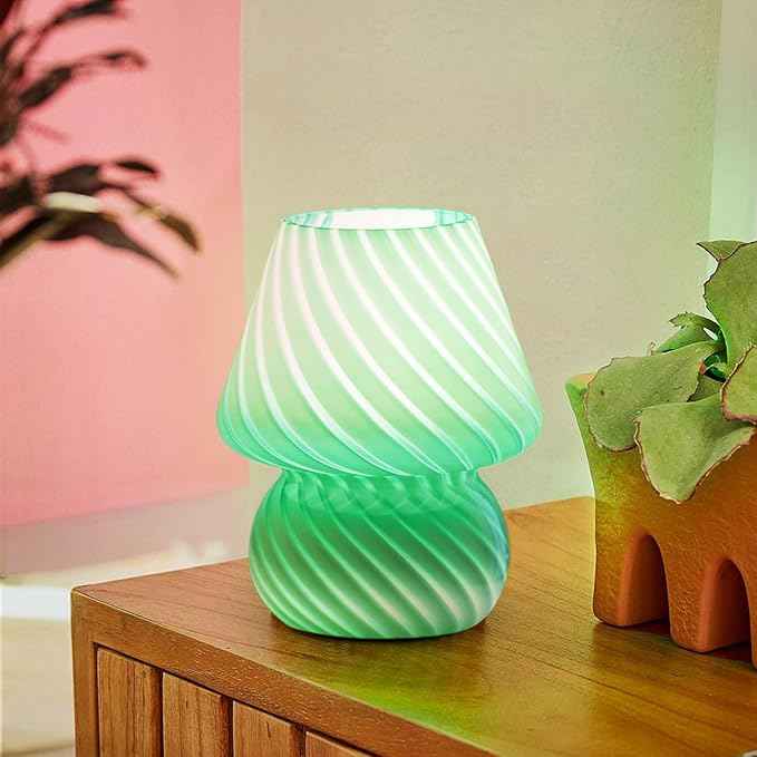 ONEWISH Mushroom Lamp - Small Table Lamp with Striped Glass, Nightstand Lamp for Bedroom, Living Room, Cafe, Office, Bulb Included, for Girls Women Birthday Christmas Thanksgiving, Sage Green