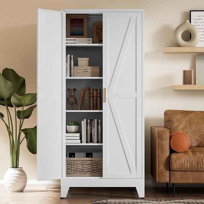 COFaR 5 Tier Metal Farmhouse Storage Cabinet with 2 Barn Door, 4 Adjustable Shelves and Legs, for Kitchen, Dining Room, Bathroom, Living Room, Office