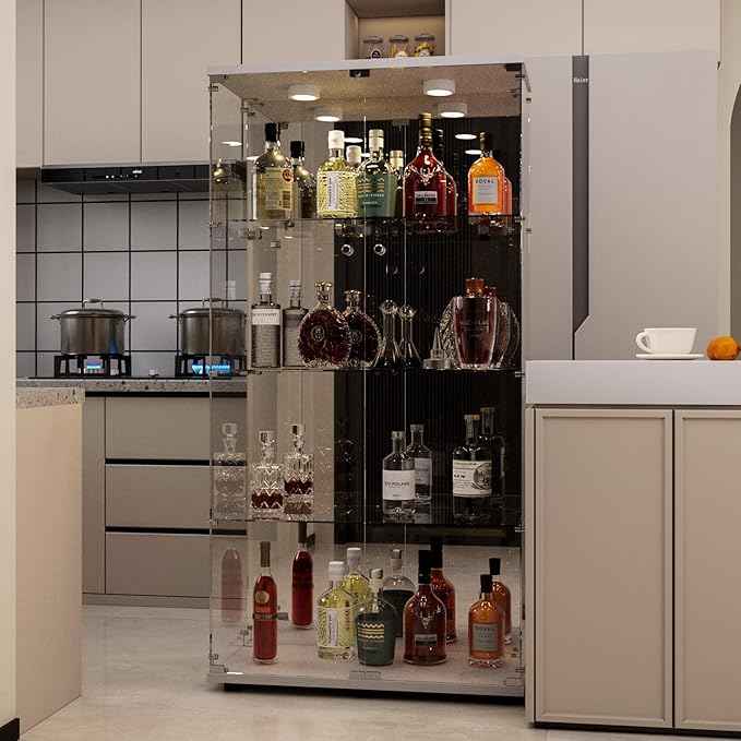 Beauty4U Glass Display Cabinet with LED Light and Mirror, 4 Shelves with 2 Doors, Curio Cabinets for Living Room, Bedroom, Office, White Floor Standing Glass Bookshelf, Quick Installation