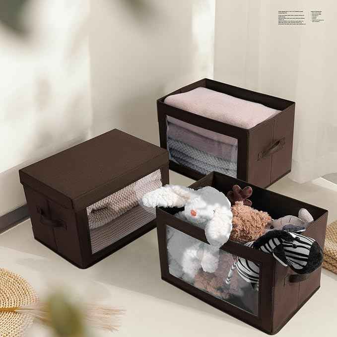 Brown Fabric Storage Bins with Lids - 6 Pack Modern Lidded-Home Storage Bins, 14 Inch. - Perfect for Clothes, Books, CD, Office Supplies