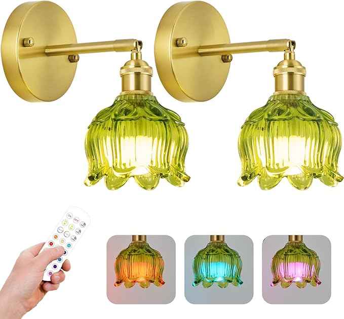 PASSICA DECOR Vintage Battery Operated Wall Sconces Set of 2 - Wireless Remote Control LED Wall Lights, Rechargeable USB-C, Dimmable 15 Colors, No Wiring, Green Glass Shade for Bedroom Kitchen Cafe
