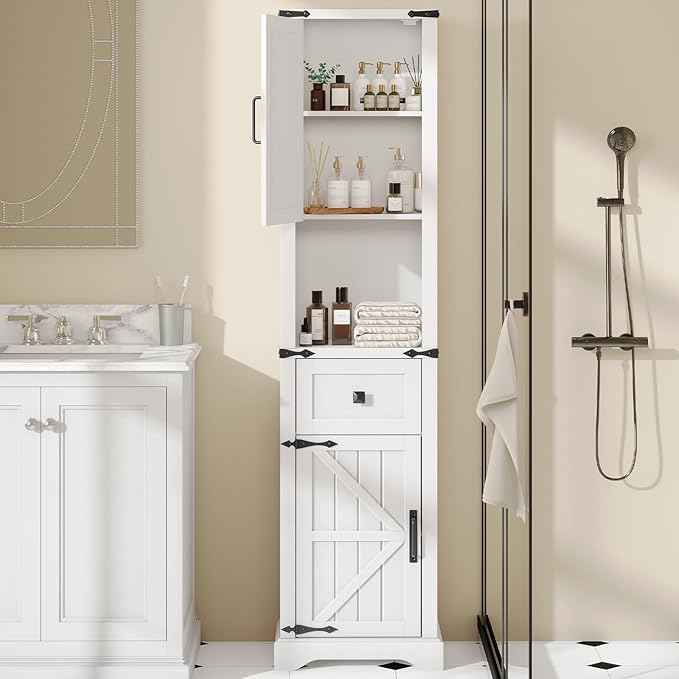 66" Tall Farmhouse Bathroom Storage Cabinet with Barn Doors and Drawer, Narrow Storage Unit, Adjustable Shelves & 5-Tier Space, Freestanding Cabinet for Bathroom, Living Room, Kitchen,Cream White