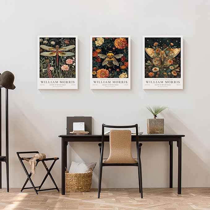 Hianan William Morris Animal Botanical Inspired Canvas Wall Art, Vintage Dragonfly Bee Butterfly Poster Prints, Maximalist Nature Flower Aesthetic Pictures for Living Room Bedroom Framed 12"x16"x3