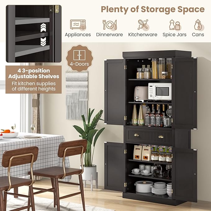 Nightcore Freestanding Kitchen Pantry Cupboard, 6ft Wood Cupboard w/ 4 Adjustable Shelves, 2 Wood Pantries, & 1 Drawer, Utility Storage Cabinet for Kitchen, Hallway, Living Room, Bathroom (Espresso)