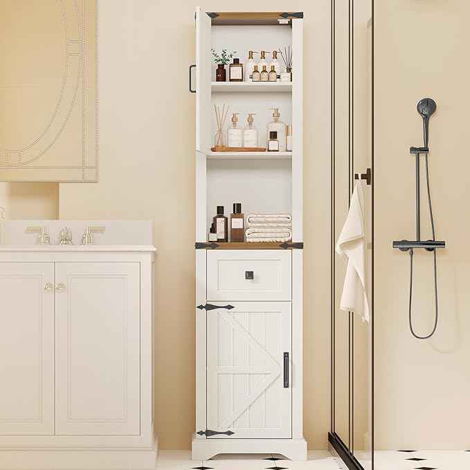 Vabches 66" Tall Farmhouse Bathroom Storage Cabinet with Barn Doors and Drawer, Narrow Storage Unit, Adjustable Shelves & 5-Tier Space, Freestanding Cabinet for Bathroom, Living Room, Kitchen