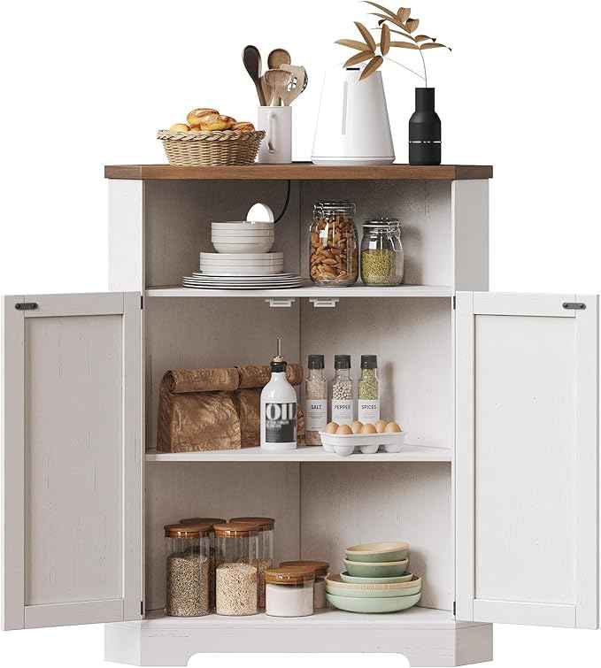 Vabches Farmhouse Corner Cabinet with Charging Station,Small Corner Storage Cabinet with Barn Doors and Adjustable Shelves for Living Room,Bathroom,and Kitchen