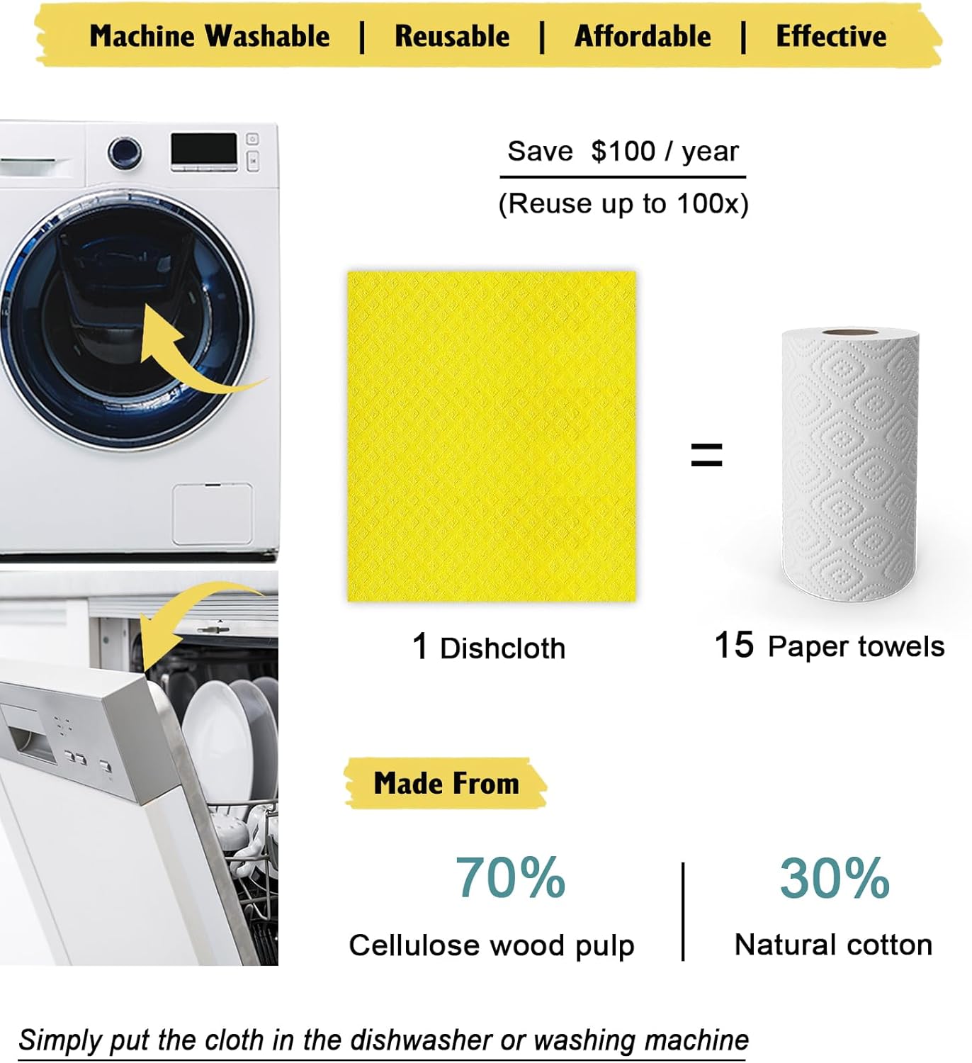 Swedish Dishcloths for Kitchen | 6 Pack Absorbent Cellulose Sponge Cloths Washable | Non-Scratch Reusable Paper Towels Quick Drying Cleaning Cloths - Yellow