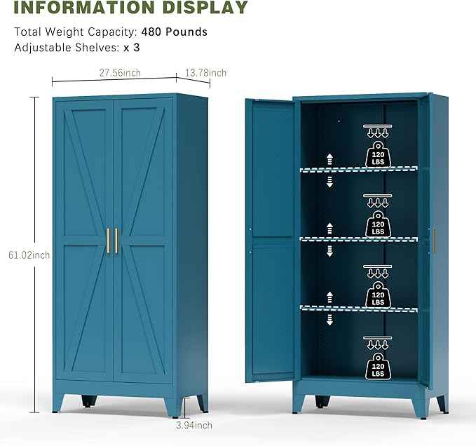 COFaR Home Farmhouse Storage Cabinet with 2 Barn Door, Tall Kitchen Pantry Cupboard with 3 Adjustable Shelves, for Dining Room, Bathroom, Living Room (Blue Green, 61" Farmhouse)