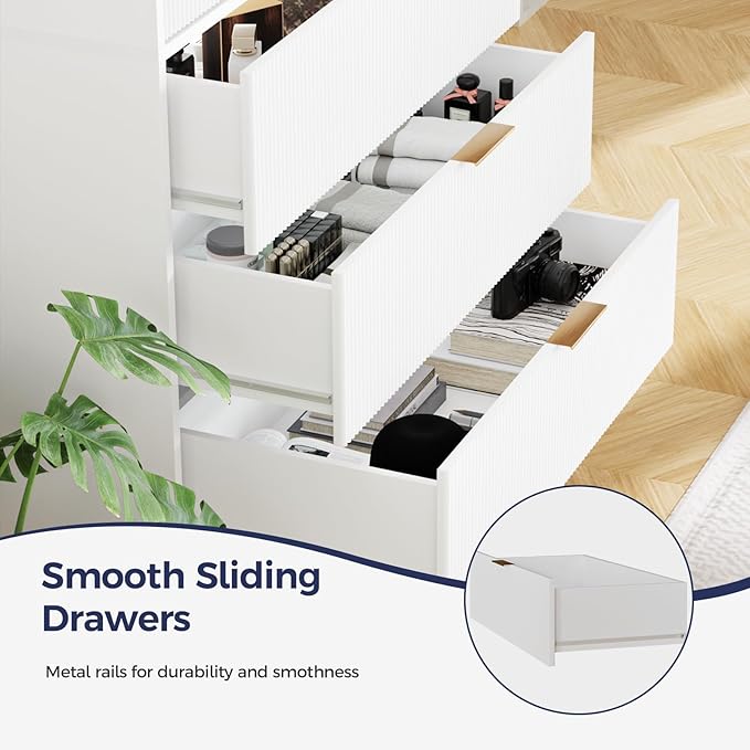 Tall Storage Cabinet, Kitchen Pantry Cabinet with Adjustable Shelves & Fluted Panel Design, Wood Cupboard with 3 Drawers 2 Doors, Tall Home Cupboard for Living Room, Kitchen, White