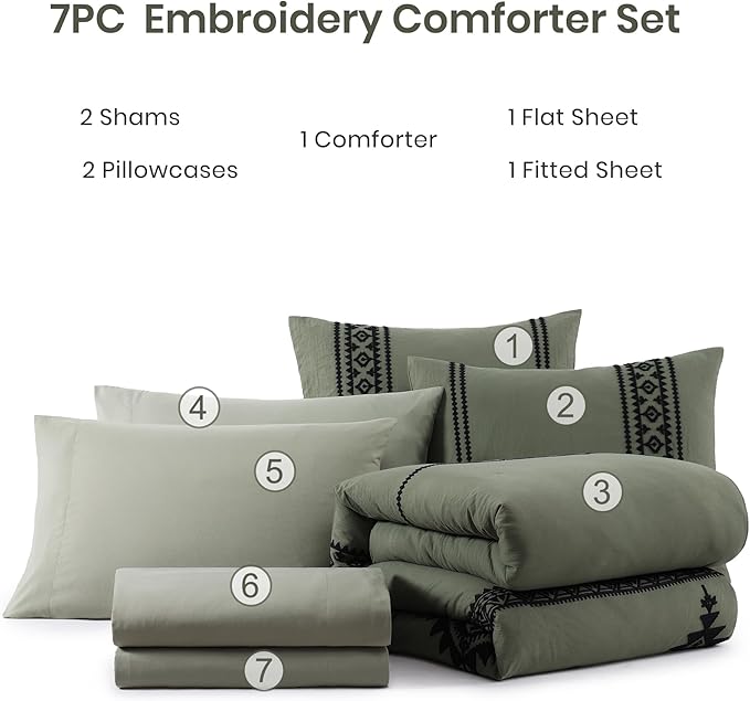 MaiRêve Embroidery Comforter Set, Boho Farmhouse Western Bedding Set, All Season Bed in A Bag Comforter Set with Sheets, Pillowcases & Shams, Olive Green Full 7 Pieces