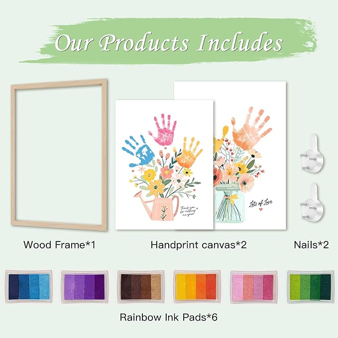 Totomogug Handprint Flower Bouquet Art Kit – 2 Large Sheets (12"x16") with Wood Frame, Non-Toxic 6-Color Inkpad, DIY Keepsake Craft Gift for Mom & Grandma for Mother's Day Birthday Thanksgiving
