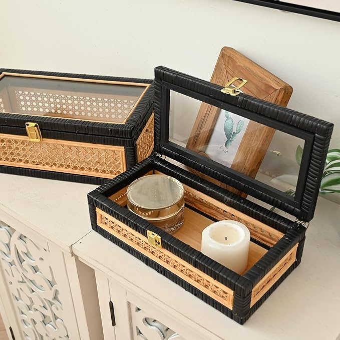 Black Rattan Decorative Storage Boxes with Glass Lids – Set of 2 Cane Weave Display Cases with Solid Wood Base – Nesting Coffee Table Organizer for Remotes, Jewelry & Keepsakes