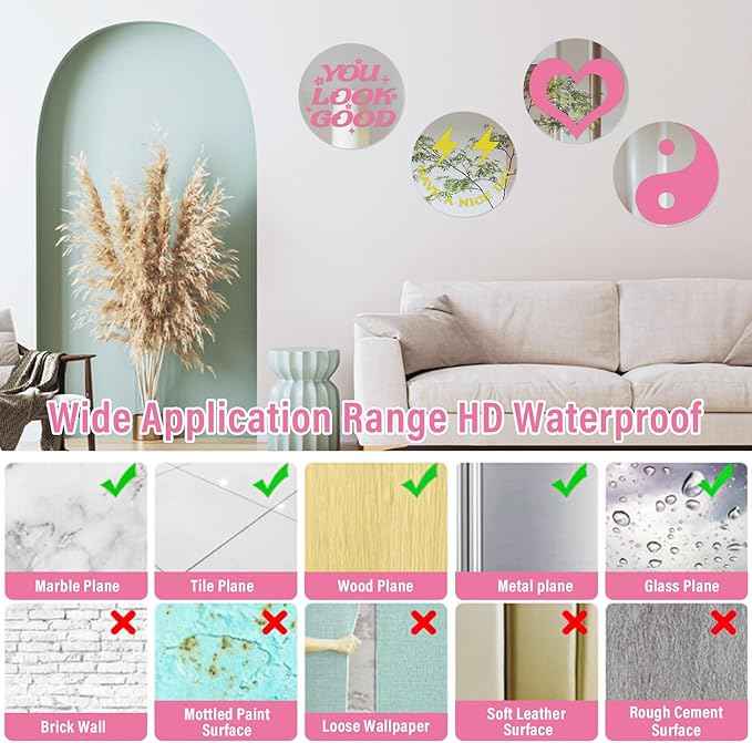 DARENYI 4Pcs Round Preppy Mirror Tiles 6 inch Acrylic Aesthetic Funky Mirror Wall Decor Preppy Room Decor for Bathroom Bedroom Vanity