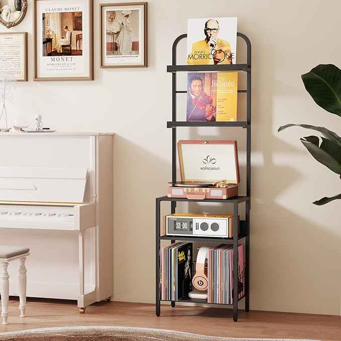 Record Player Stand with Vinyl Storage - 5-Tier Turntable Table with Adjustable Feet, Metal & Wood Cabinet - Console Organizer Display Shelf for Living Room, Apartment