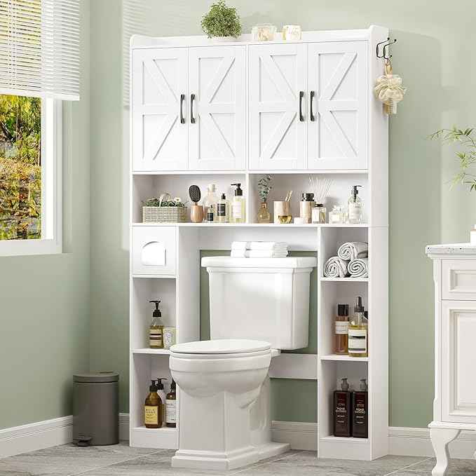 Vabches Over The Toilet Storage Cabinet with 4 Barn Doors, Bathroom Organizer with Toilet Paper Holder & Adjustable Shelves, Space-Saving Farmhouse Toilet Shelf for Bathroom,Restroom,Laundry