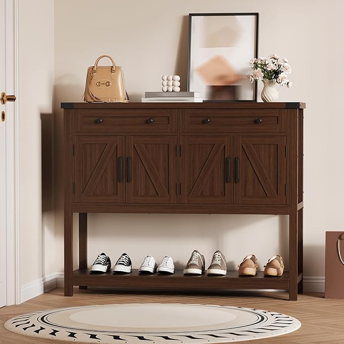47" Buffet Sideboard Cabinet with 2 Drawers & 4 Barn Doors, Large Farmhouse Kitchen Wood Coffee Bar Cupboard Cabinet, Barn Doors Console Table for Kitchen, Dining Room, Living Room, Entryway, Brown