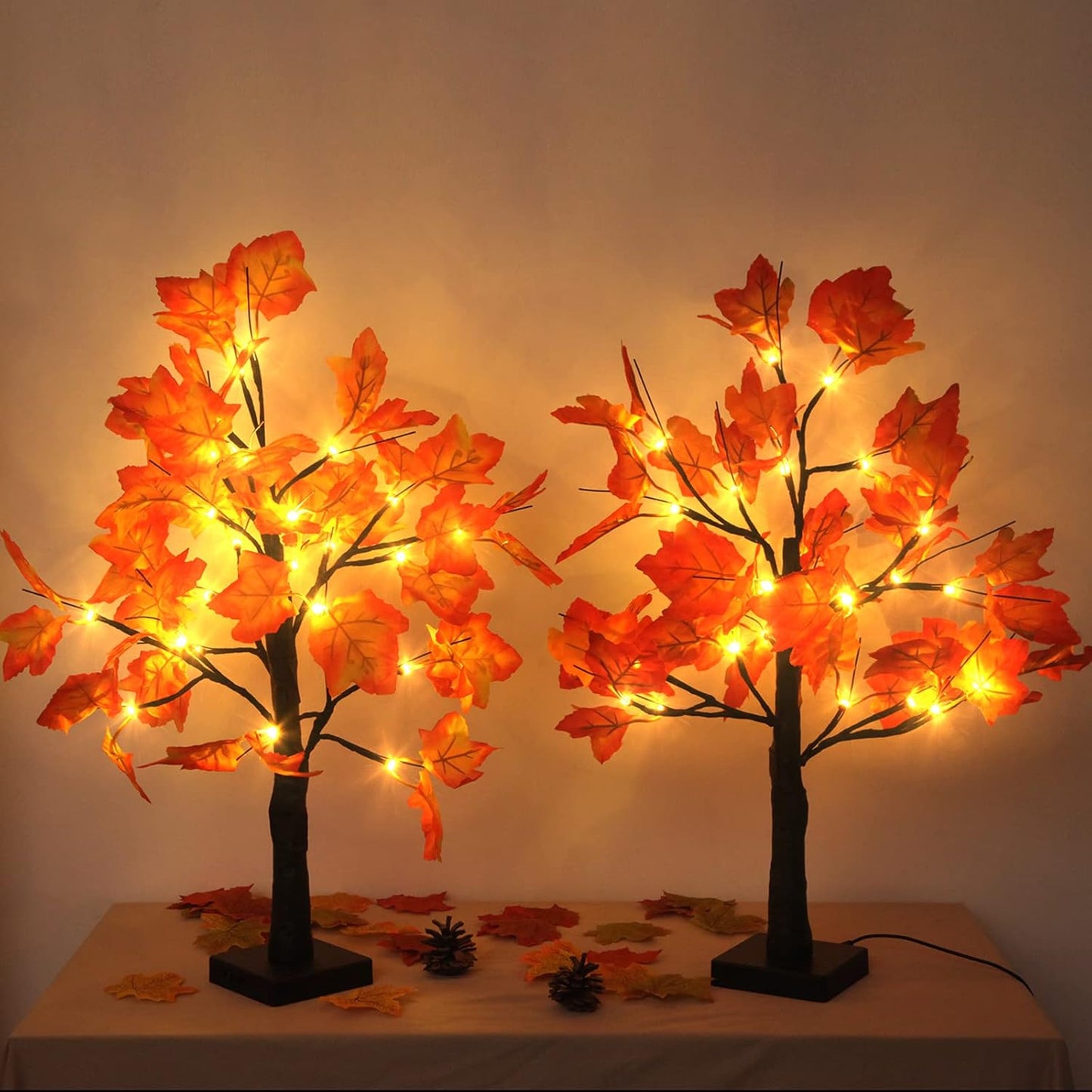 2 Pack Fall Lighted Maple Tree 48 LED Lights Thanksgiving Decoration Artificial Tree Lights 20 inch Battery or USB Powered DIY Table Light for Desktop Autumn Harvest Party Indoor Decor