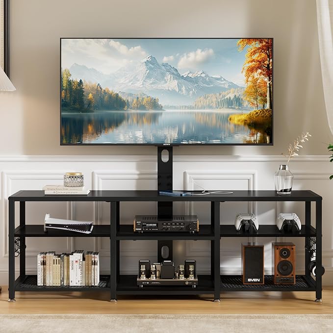 VECELO TV Stand with Mount and Power Outlets, Entertainment Center for 55/60/65/70/75 inch TVs, Height Adjustable Media Console with Storage Shelves, for Living Room, Bedroom, Black