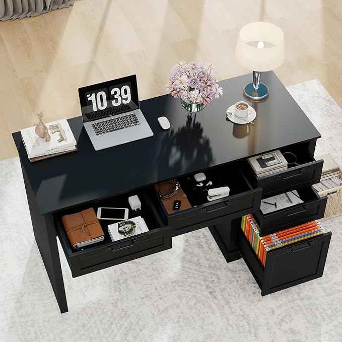Vabches 55" Farmhouse Home Office Desk with File Drawer, Executive Computer Desk with 4 Storage Drawers, Rustic Computer Desk for Working, Studying, Writing, Black