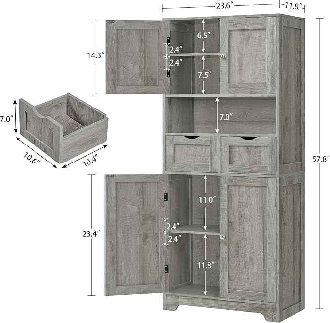 Iwell Tall Storage Cabinet with Adjustable Shelf, Bathroom Cabinet with 2 Drawers, Linen Cabinet for Living Room, Grey