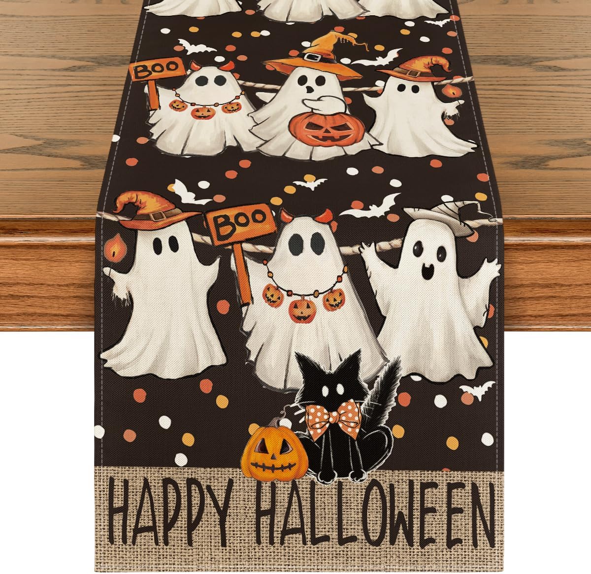 Artoid Mode Ghost Jack-O'-Lantern Black Cat Halloween Table Runner,Holiday Kitchen Dining Table Decoration for Home Party Decor 13 x 72 Inch