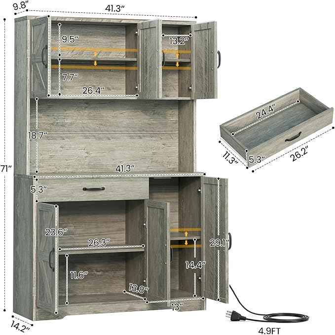 71" Pantry Cabinet with Charging Station, Large Capacity Kitchen Hutch Storage Cabinet, Kitchen Cabinet with Microwave Stand, Storage Drawers & Adjustable Shelves for Dining Room, Grey