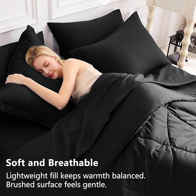 CozyLux Queen Comforter Set Black - Bed in a Bag Queen Size 7 Pieces, Luxury Soft Bed Set for All Seasons, Bedding Set with Down Alternative Comforter, Sheets, Pillowcases & Shams (Pack of 2)