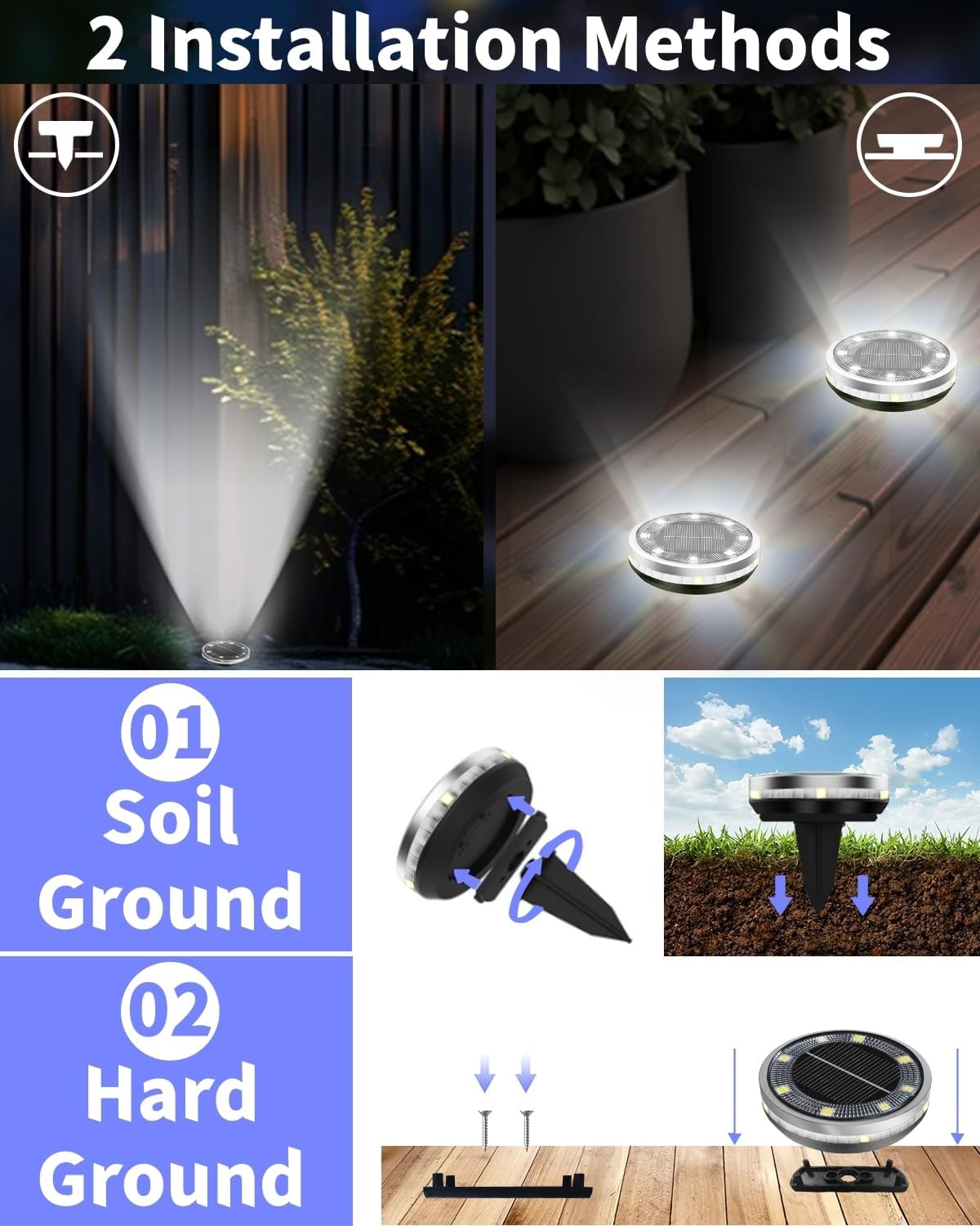 Solar Ground Lights Outdoor 2 Pack Waterproof, Upgraded Solar Garden Lights with 4 Side Light, Stainless Steel Solar Powered Disc Landscape Light for Walkway Pathway Lawn Yard Patio Deck-Cool White
