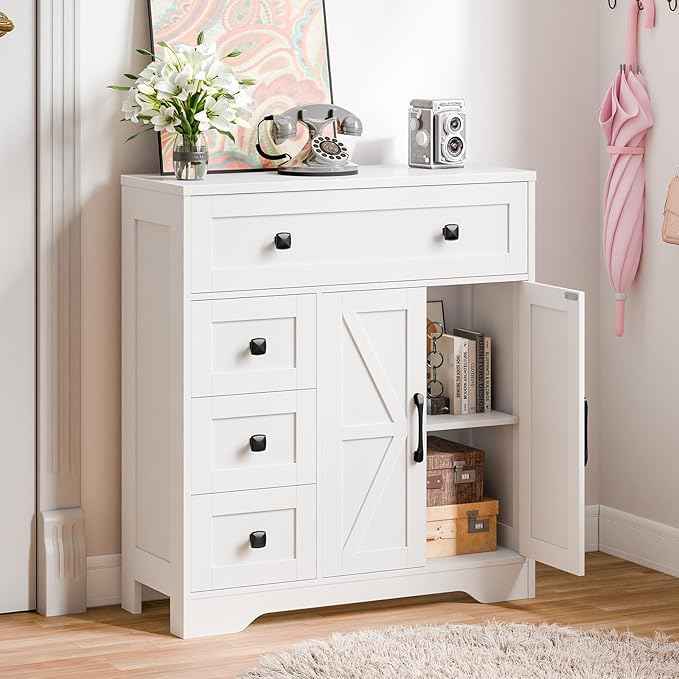Vabches Farmhouse Storage Cabinet with 2 Doors and 4 Drawers, Freestanding Bathroom Storage Cabinet Kitchen Pantry, Floor Hutch Cupboard for Living Room/Bathroom/Kitchen,(Unique White)