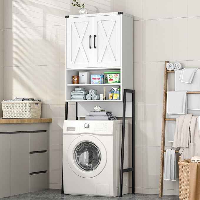 Vabches Over The Toilet Storage Cabinet, Farmhouse Over Toilet Storage Cabinet, Metal Frame with 2 Barn Doors, Home Space-Saving Toilet Rack for Bathroom, Toilet, Laundry Room