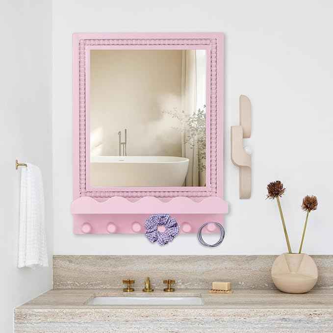 Tirzah 16x12 Inch Wall Mount Beaded Wood Framed Mirror with Shelf and 6 Hooks, Pink Decorative Entryway Mirror with Storage for Laundry Room, Bathroom, Bedroom