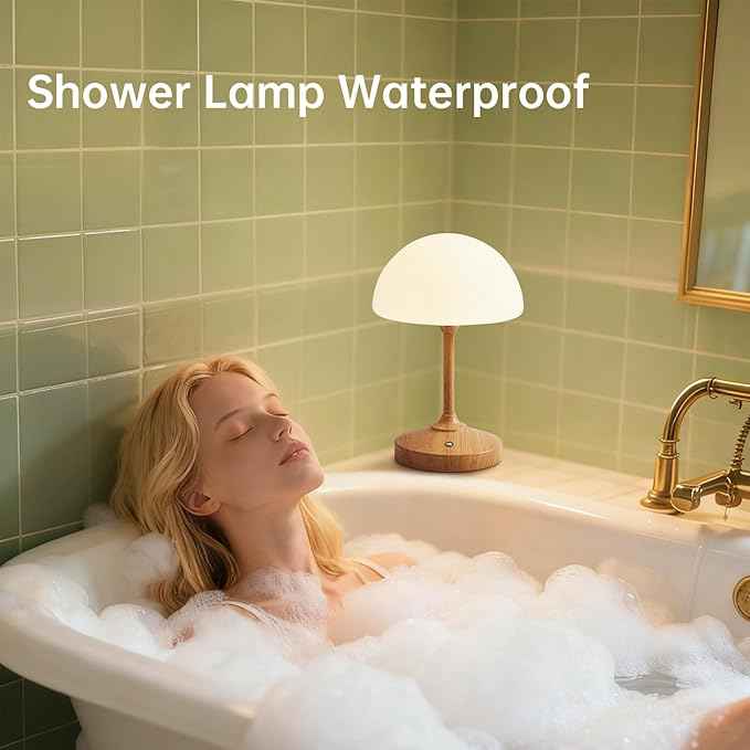 Mushroom Lamp Cordless Lamp Table Lamp,Outdoor Waterproof Shower Lamps,5000mAh Rechargeble Battery Operated Dimmable Touch Desk Lamps,LED Night Light for Bathroom Patio Camping Restaurant