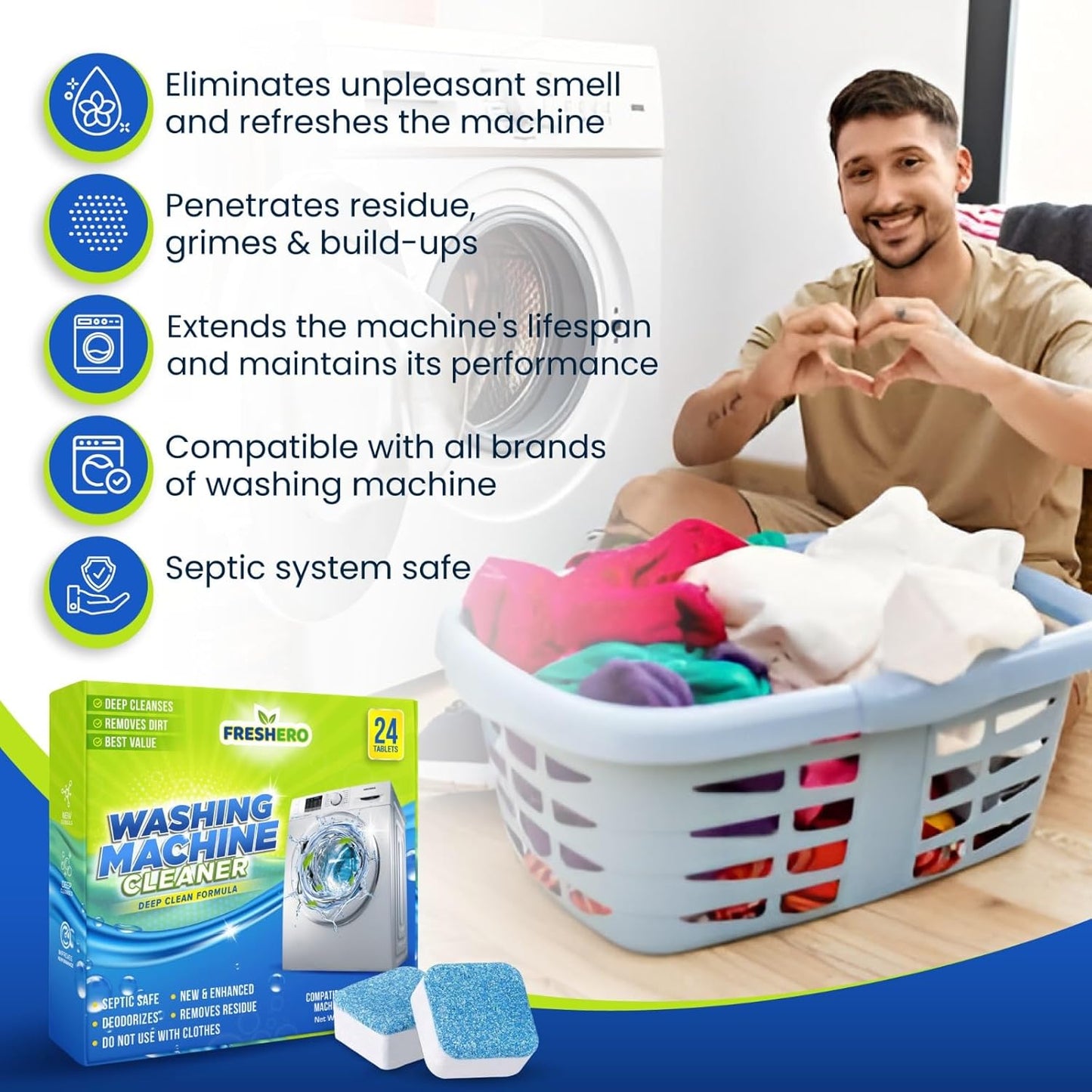 Washing Machine Cleaner Tablets – 25-Pack Deep Cleaning for Front Loader, Top Load & HE Washers – Helps Remove Odor-Causing Residues, Pet Hair & Hard Water Buildup – Septic Safe