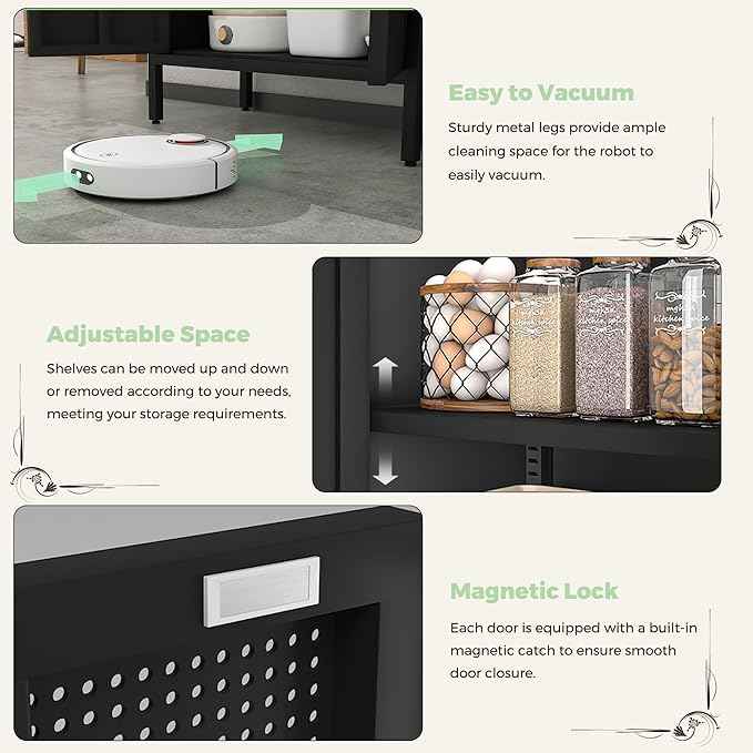 COFaR 4 Tier Black Metal Storage Cabinet, Free Standing with 2 Doors, 3 Adjustable Shelves and Legs, Cupboard Metal Cabinet for Living Room, Kitchen, Dining Room, Office