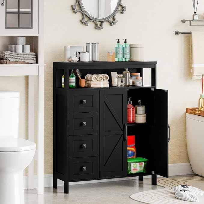Vabches Farmhouse Storage Cabinet with 2 Doors and 4 Drawers, Freestanding Bathroom Compartment Kitchen Pantry Cabinet, Floor Cupboard for Kitchen/Living Room/Bathroom,Pure Black
