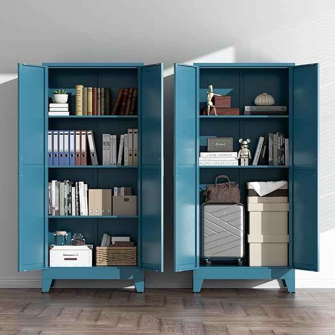 COFaR Home Farmhouse Storage Cabinet with 2 Barn Door, Tall Kitchen Pantry Cupboard with 3 Adjustable Shelves, for Dining Room, Bathroom, Living Room (Blue Green, 61" Farmhouse)